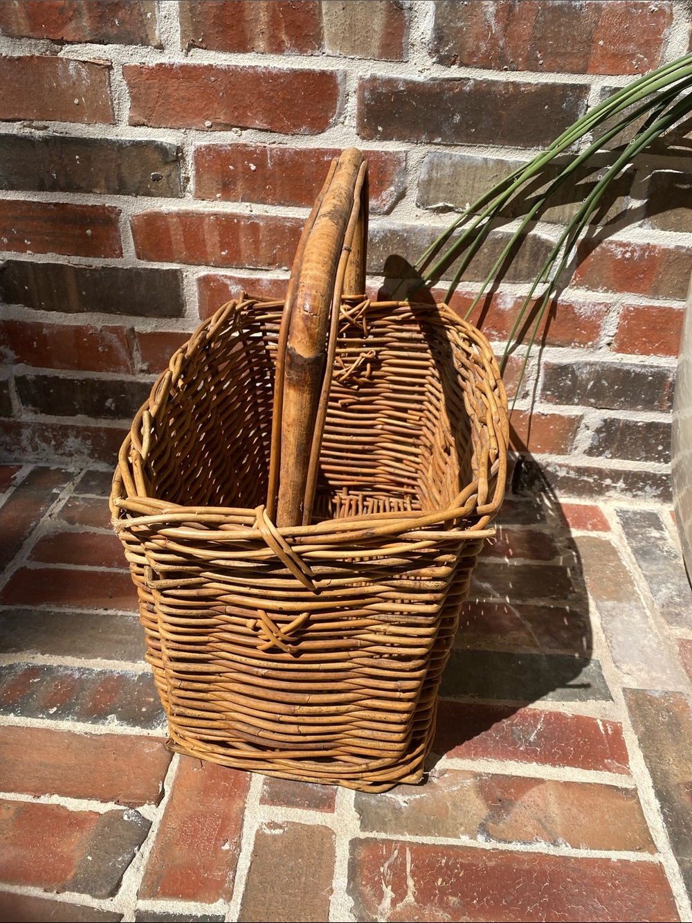 Vintage Woven Rattan Gathering Basket with Bamboo Handle in Natural Brown - Picture 6 of 16
